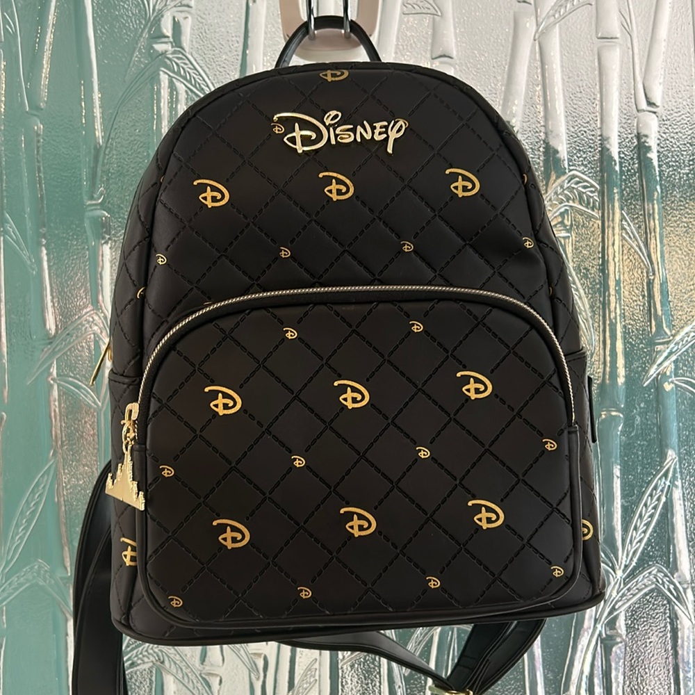 Disney x Loungefly Gold Icon Black Quilted Mini Backpack Faux Leather Hot Topic